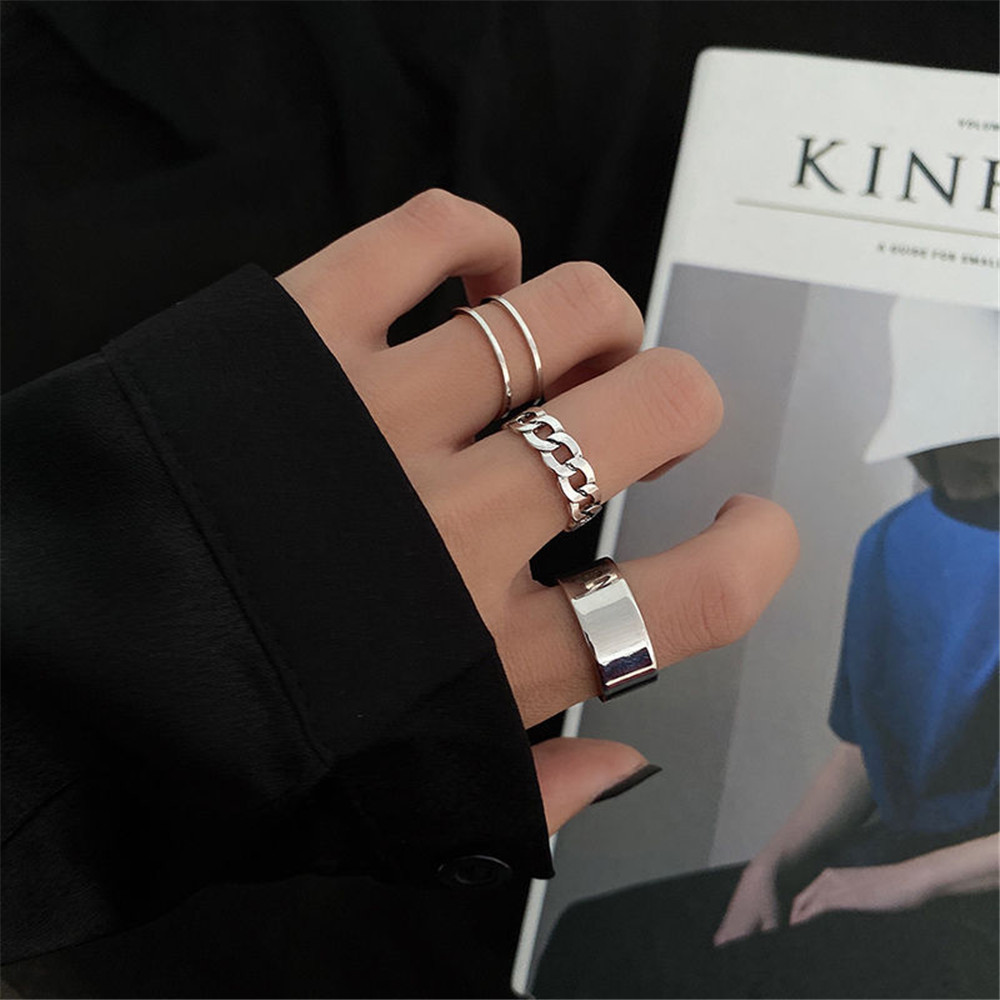 Set 3 nhẫn đeo đốt ngón tay đơn giản hình học phong cách punk hip-hop cá tính có thể điều chỉnh thời trang Hàn Quốc
