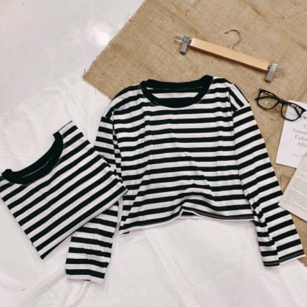 🍓 Áo thun croptop dài tay kẻ sọc phối viền cổ bản dày