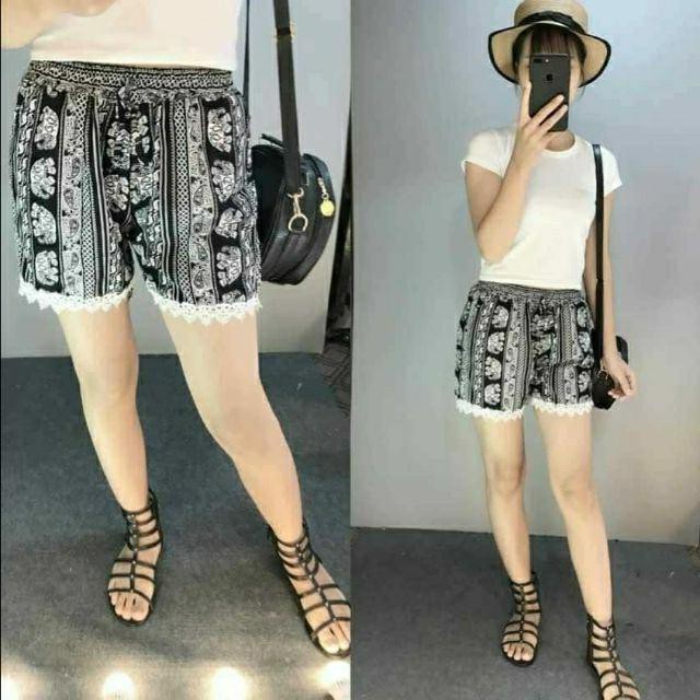 Quần short lanh REN CHÂN ống rộng HỌA TIẾT THỔ CẨM NGẪU NHIÊN