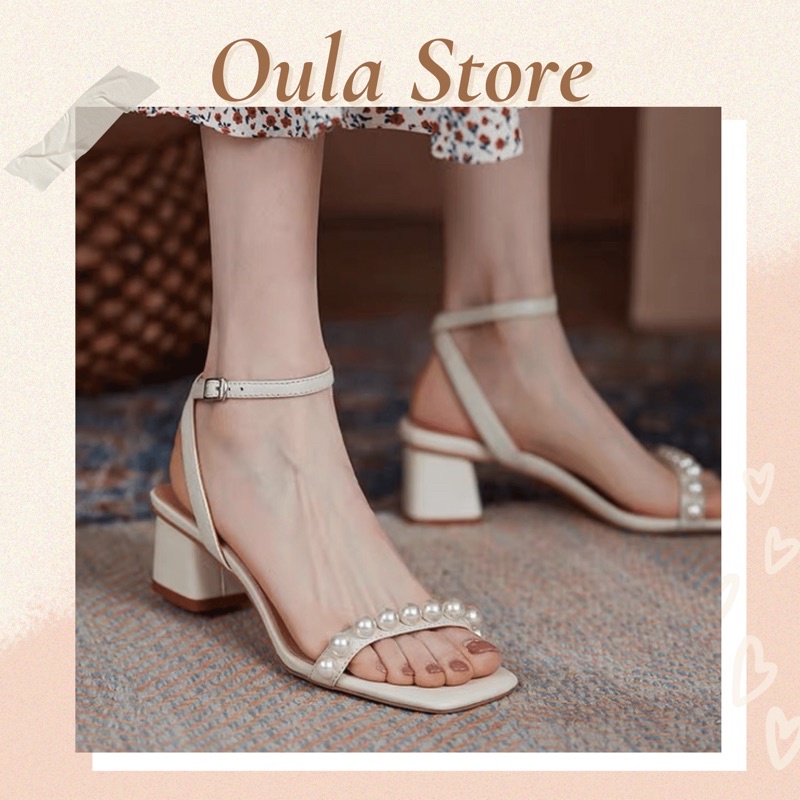 Giày sandal cao gót nữ kiểu dáng mũi vuông gắn hạt với chất liệu da mềm đẹp - SD48 - November House