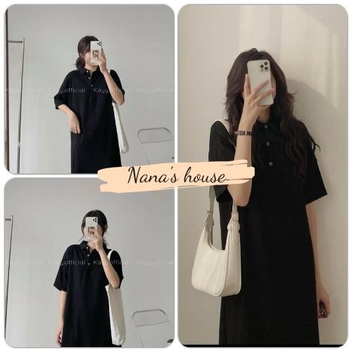 Váy Cổ Sơ Mi Cúc Đồng Dáng Dài Màu Đen  🎁 Nana's House - FREESHIP 🎁 Đầm nữ midi basic tay lỡ form rộng thoáng mát