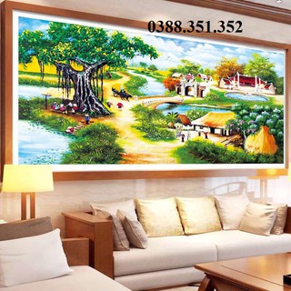 tranh thêu chữ thập phong cảnh làng quê cây đa giếng nước sân đình kt 130x70cm