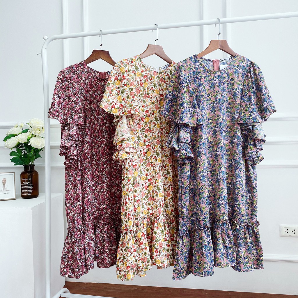 Váy suông hoa nhí tay xòe xếp kiểu, đầm xuông rộng freesize phối đuôi cá, khóa kéo sau 3 màu mã V257 - Michi's House