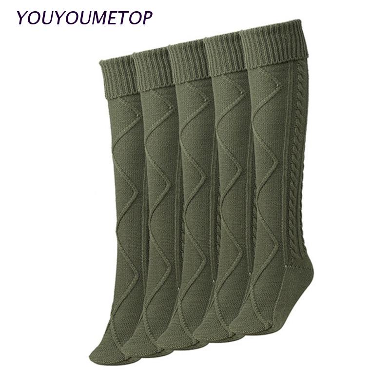 Vớ đan len dài qua gối màu trơn họa tiết kim cương giữ ấm mùa đông cho nữ