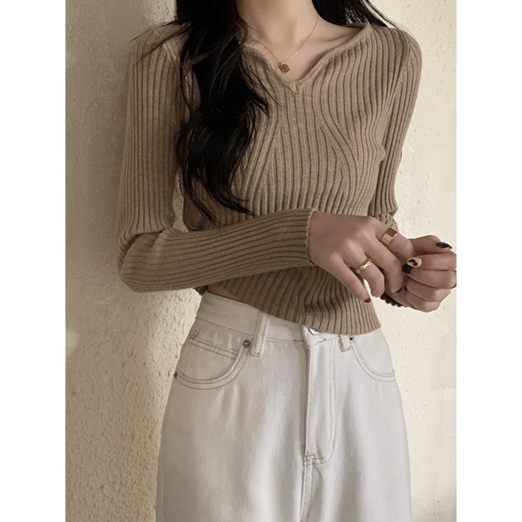 Áo len tăm nữ mỏng cổ V ôm body nhẹ nhàng