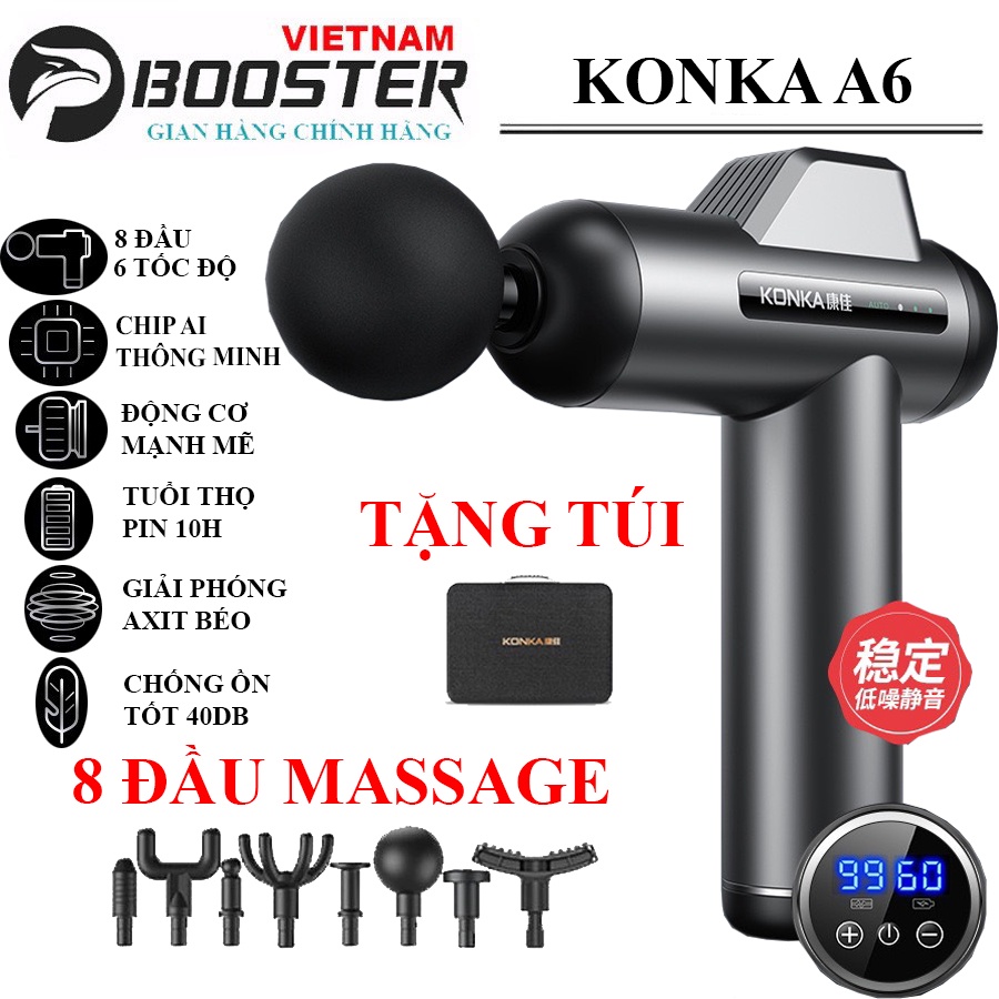 Máy massage cầm tay booster KONKA A6 sử dụng 8 đầu 6 cấp độ rung giúp bạn mát xa giảm đau, thư giãn toàn thân