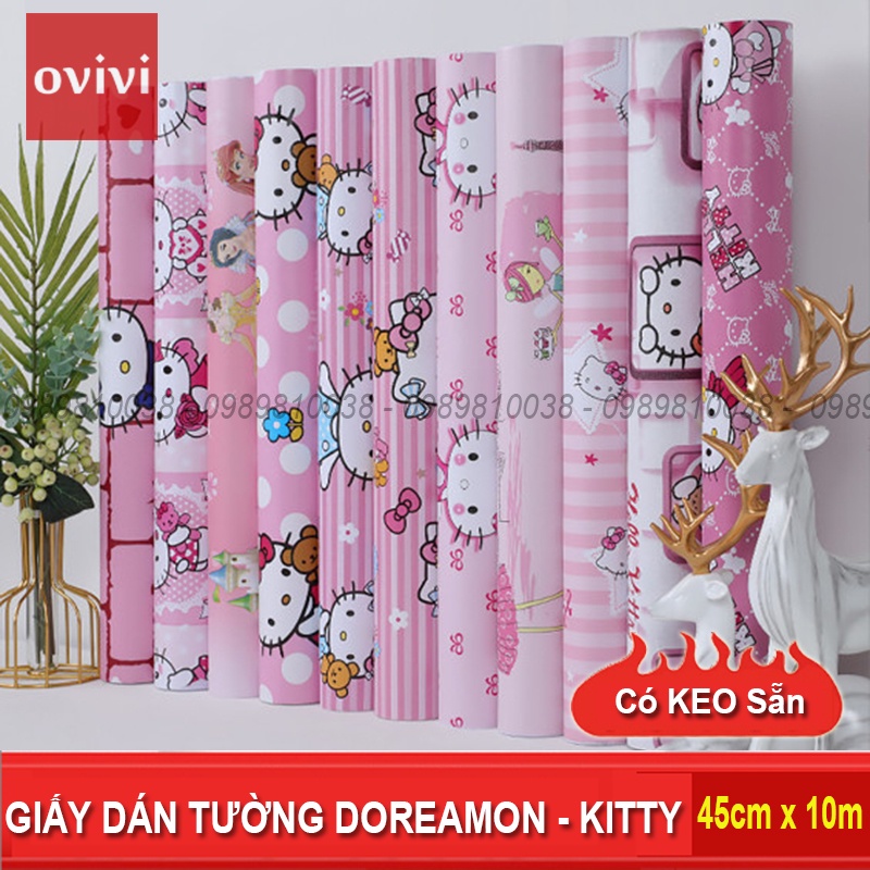 Giấy dán tường DOREMON KITTY cho bé có keo sẵn phòng ngủ hoạt hình dày nhám giá rẻ 10m Ovivi