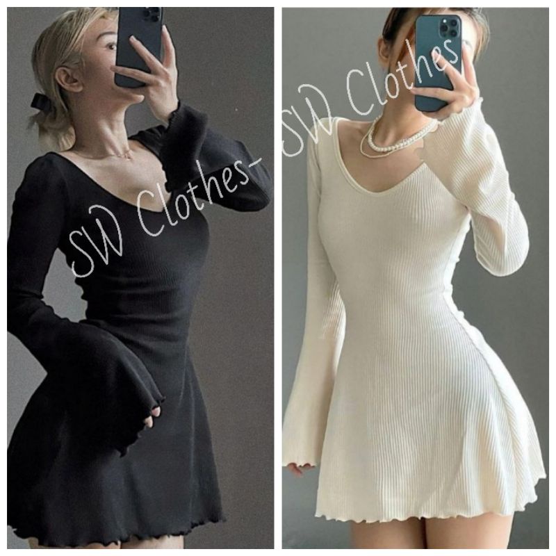 Đầm body cổ chữ V dáng ngắn tay dài ống loe