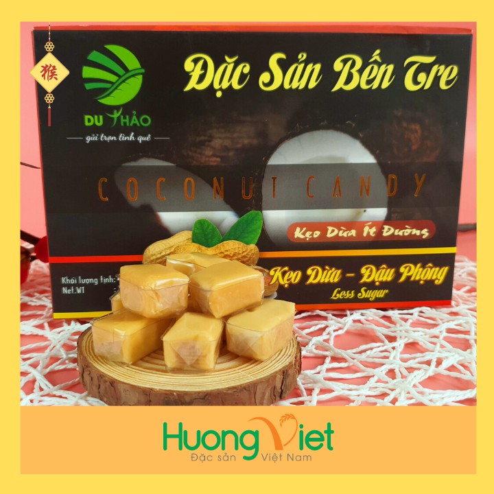 Kẹo dừa đậu phộng ít đường Du Thảo 400g, kẹo dừa Bến Tre, kẹo dừa ít ngọt