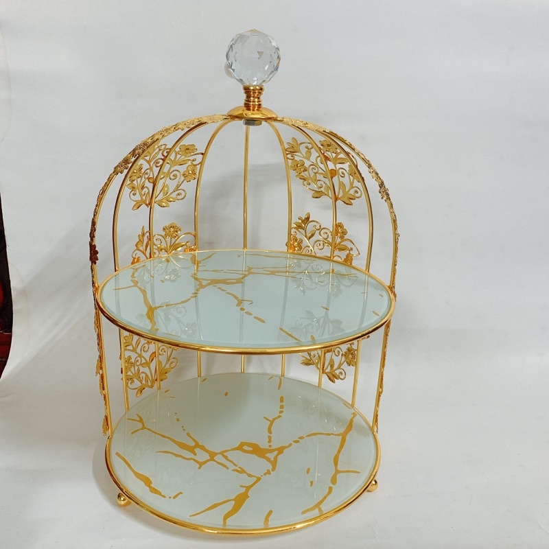 khay bánh mặt kính khung hoa lồng chim siêu sang trang trí tiệc Huydecor