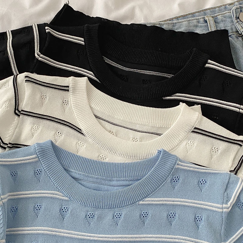 Áo len NZN cổ tròn ngắn tay họa tiết kẻ sọc màu tương phản thời trang mùa hè cho nữ