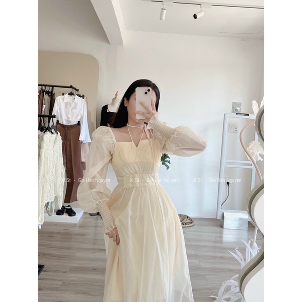 Đầm nude cổ vuông màu kem tay dài bo chun