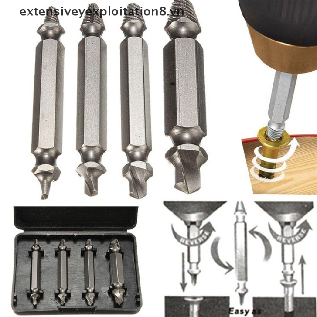 Bộ 4 dụng cụ đầu khoan tháo siết đinh và ốc bị hỏng với bộ dẫn