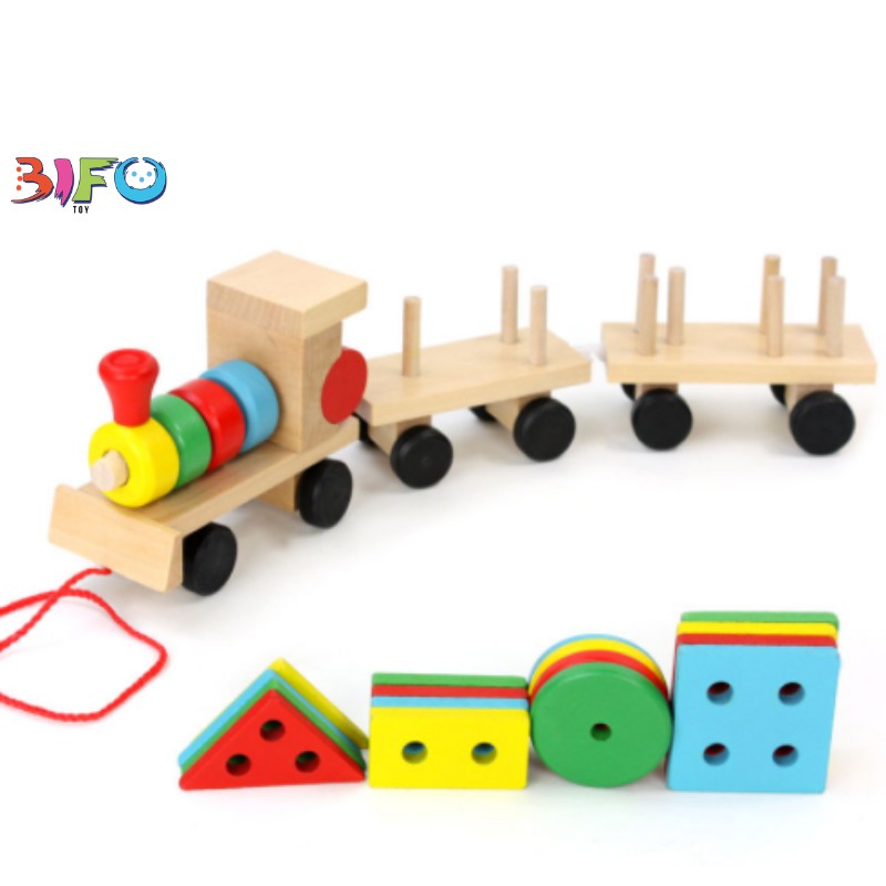 Đồ chơi tàu gỗ thả hình khối và màu sắc tổng hợp theo phương pháp Montessori giúp bé phát triển trí thông minh toàn diện