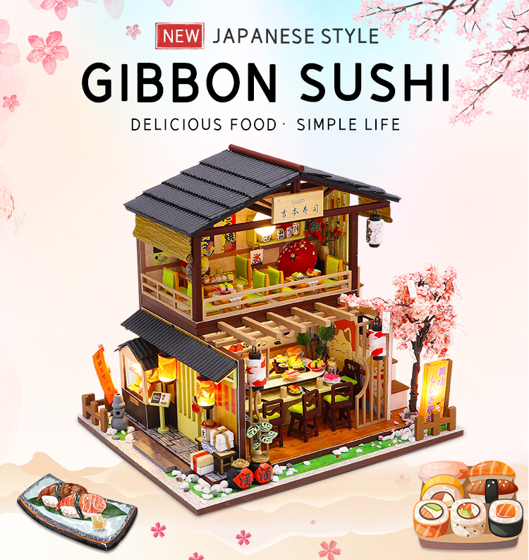 Mô hình nhà búp bê lắp ghép bằng gỗ Mẫu Gibbon Sushi có đèn Led sử dụng pin AAA Tặng kèm dụng cụ lắp ráp ToyStationVN