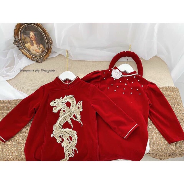 Cặp áo dài cách tân nhung cho bé trai và bé gái  9- 26kg có ảnh thật