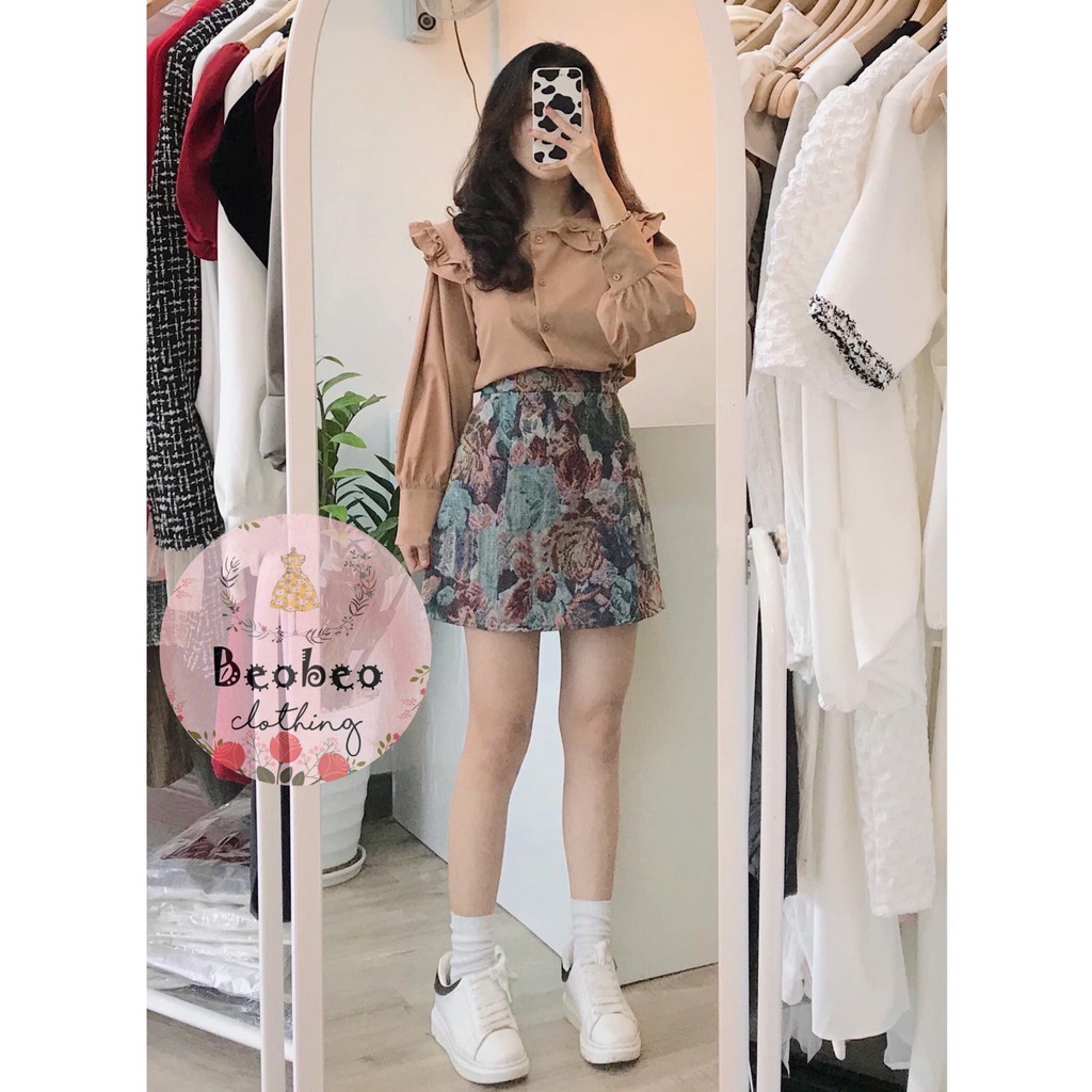 Set áo cổ sen tay phồng kèm chân váy hoa chữ A vintage