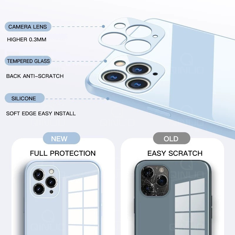 Square Tempered Glass Phone Case for iPhone 12 Mini 11 Pro Max SE 2 X XR XS Max 8 7 Plus 12 Pro Anti-knock Liquid Silicone Cover