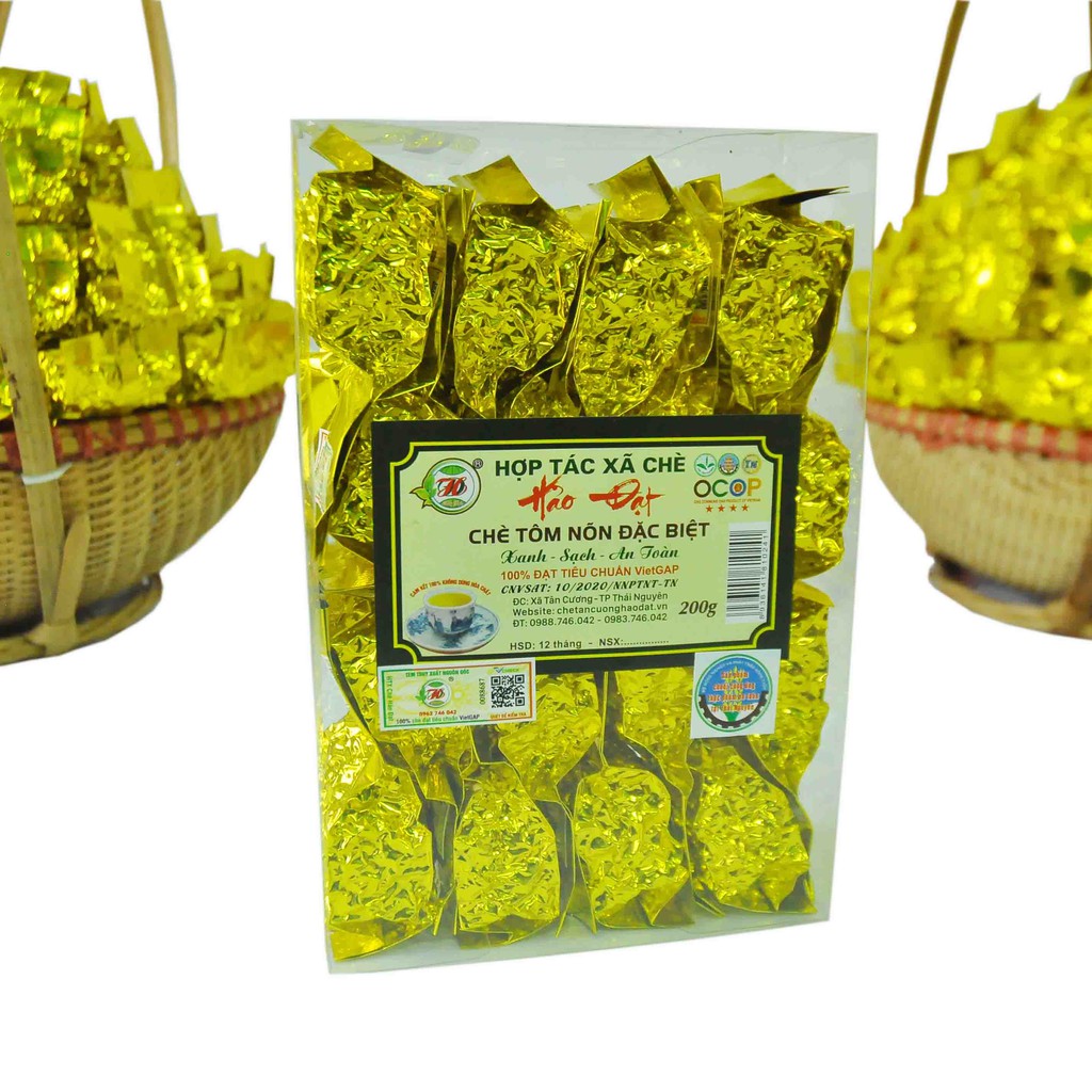 Chè Thái Nguyên Tân Cương HẢO ĐẠT Tôm Nõn Đặc Biệt Ấm Vàng 200g/ 1hộp