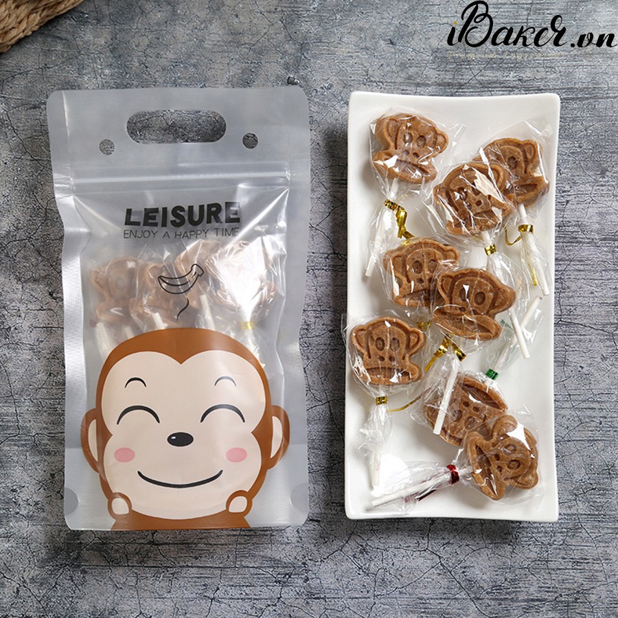 Túi đựng trà sữa kèm ống hút - Hình chú khỉ (xấp 10 cái)