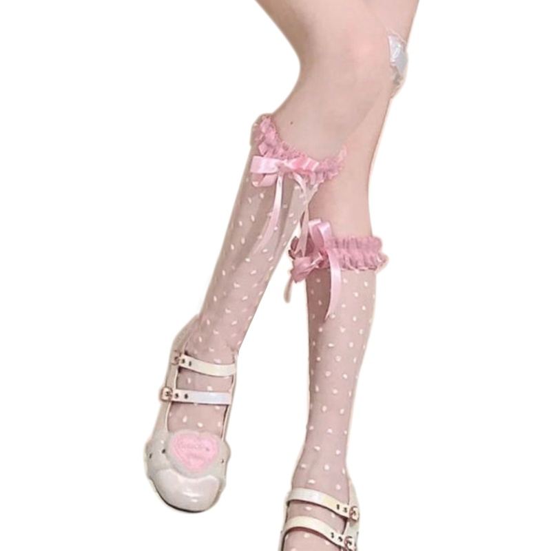 Tất Lưới Mỏng Phối Nơ Họa Tiết Chấm Bi Phong Cách Lolita Nhật Bản