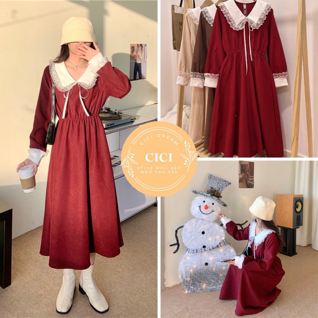 Váy Đỏ maxi noel xòe dáng dài babydoll dài tay phối cổ ren chun eo, váy nhung maxi xòe giáng sinh noel đi chơi, dự tiệc