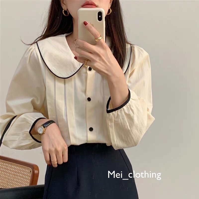 [Ảnh thật/video] Áo sơmi babydoll li ngực cổ tròn kết hợp viền đen tạo điểm nhấn