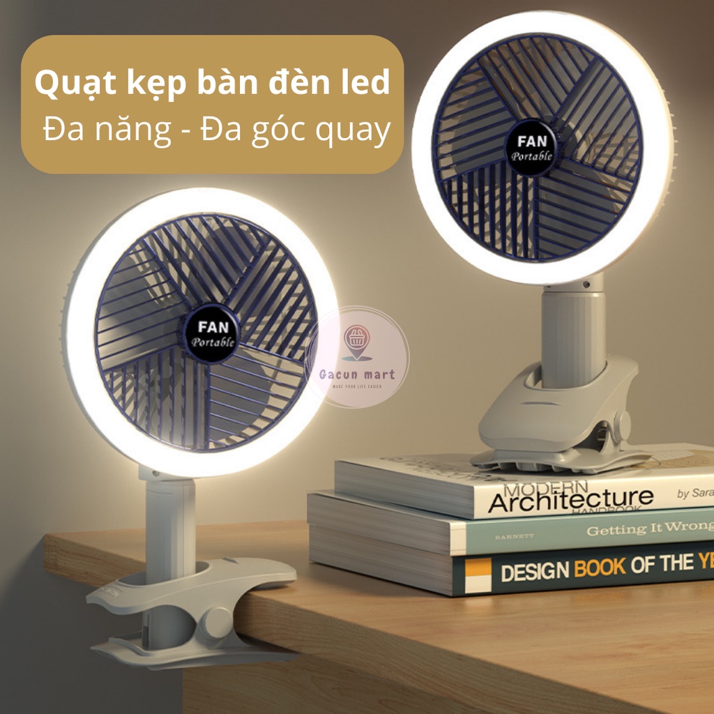 Quạt tích điện để bàn, quạt tích hợp đèn led xoay 360 độ cầm tay kẹp bàn hoặc treo tường - Gacun Mart