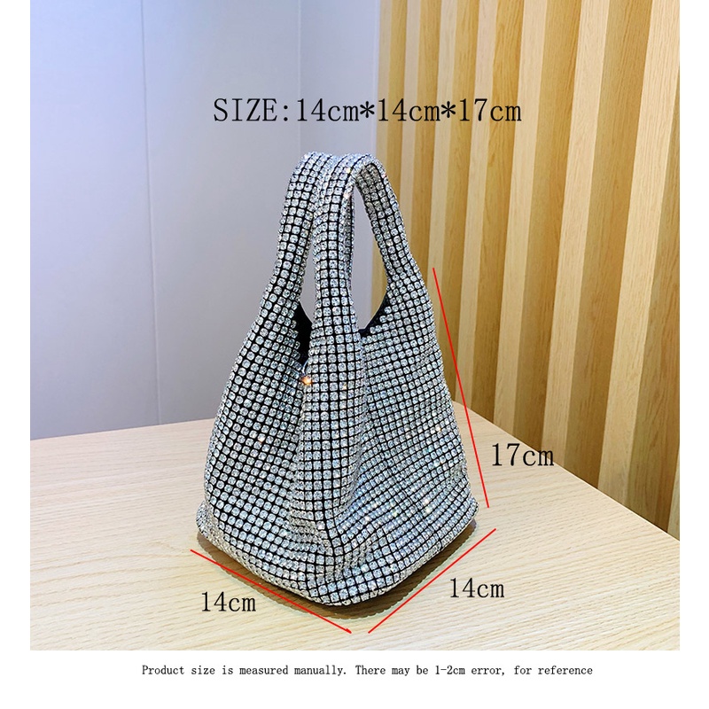 Túi Xách Bucket Đeo Vai Cỡ Nhỏ Đính Đá Phối Dây Xích Cá Tính