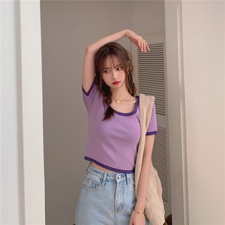 Áo thun ngắn tay len dệt kim nữ phối cổ mùa hè dáng ngắn cổ tròn đẹp xinh dễ thương xinh xắn hợp thời trang