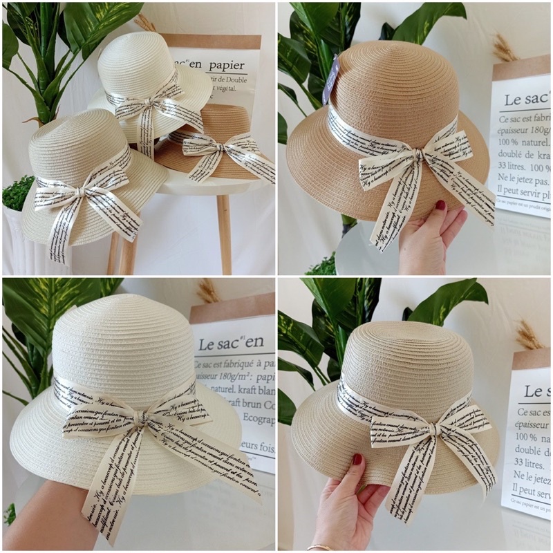 Mũ Cói Vành Vừa Óng Nhũ Phối Dây Chữ Nghiêng 4 Dòng- nón vành đi biển che nắng