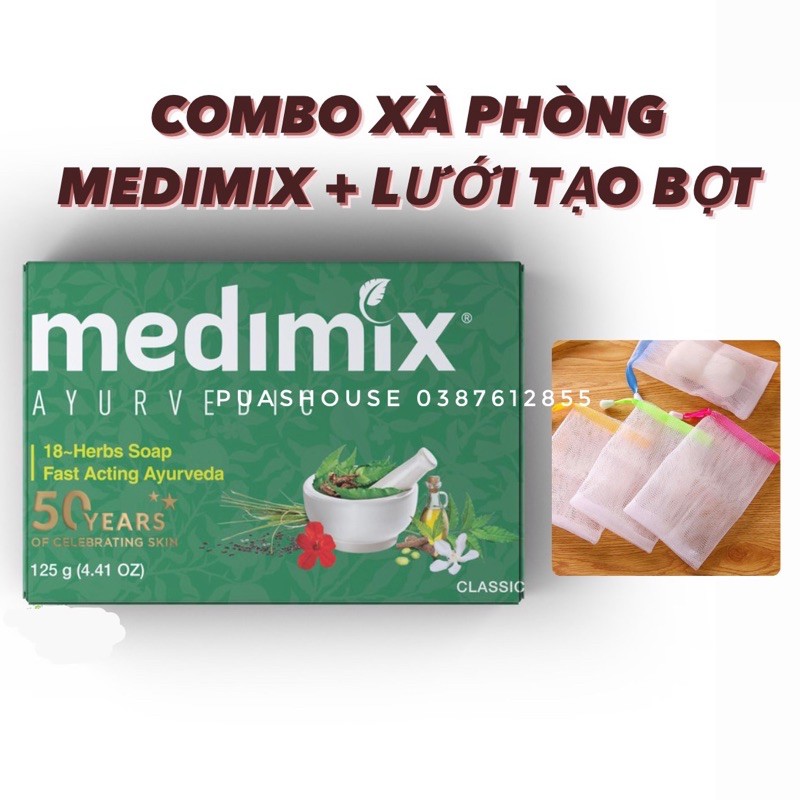 [CHÍNH HÃNG] COMBO XÀ PHÒNG MEDIMIX THẢO DƯỢC 18 HERBS 12G KÈM LƯỚI TẠO BỌT TIỆN DỤNG