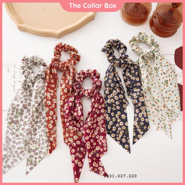 Dây buộc tóc vải scruchies nơ dài hoa nhí xinh xắn - Mã SC038