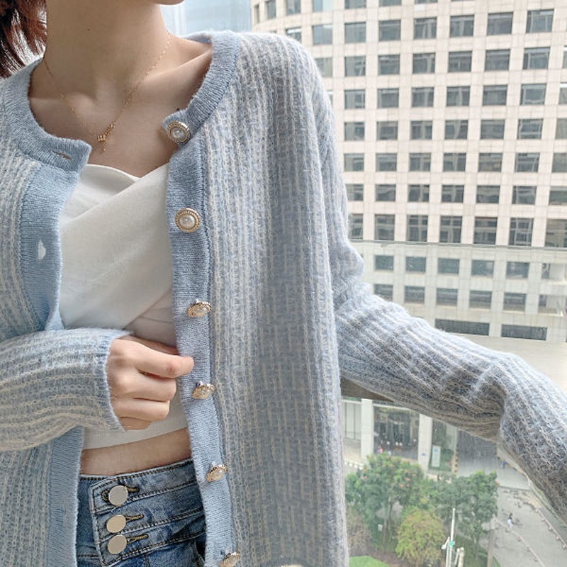 【ZHELIHANGFEI】Áo Cardigan Dệt Kim Tay Dài Cổ Tròn Thời Trang