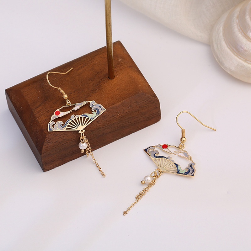 Ygt Bông Tai Dáng Dài Hình Quạt Rỗng Đính Ngọc Trai Phối Tua Rua Đám Mây Hoa Anh Đào Đám Mây