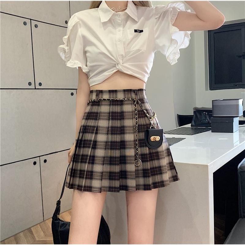 Mùa hè Vintage Kẻ Sọc Xếp Ly Váy Phong Cách Hàn Quốc Ôm Phù Hợp Với Tất Cả Trận Đấu Cao Cấp Váy Ngắn Có Dây Xích Túi