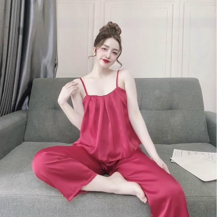 Đồ Ngủ Sexy Nữ, Đồ Bộ Mặc Nhà Áo 2 Dây Xếp Ly Lưng Thun Sau Quần Dài Chất Lụa Satin Mềm Mát, Màu Sắc Trẻ Trung Xinh Xắn | BigBuy360 - bigbuy360.vn