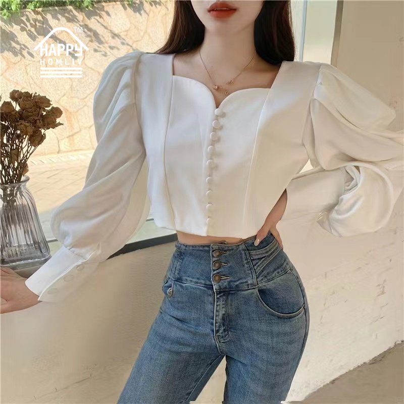 Phiên bản Hàn Quốc Áo sơ mi nữ Áo tay phồng cổ vuông