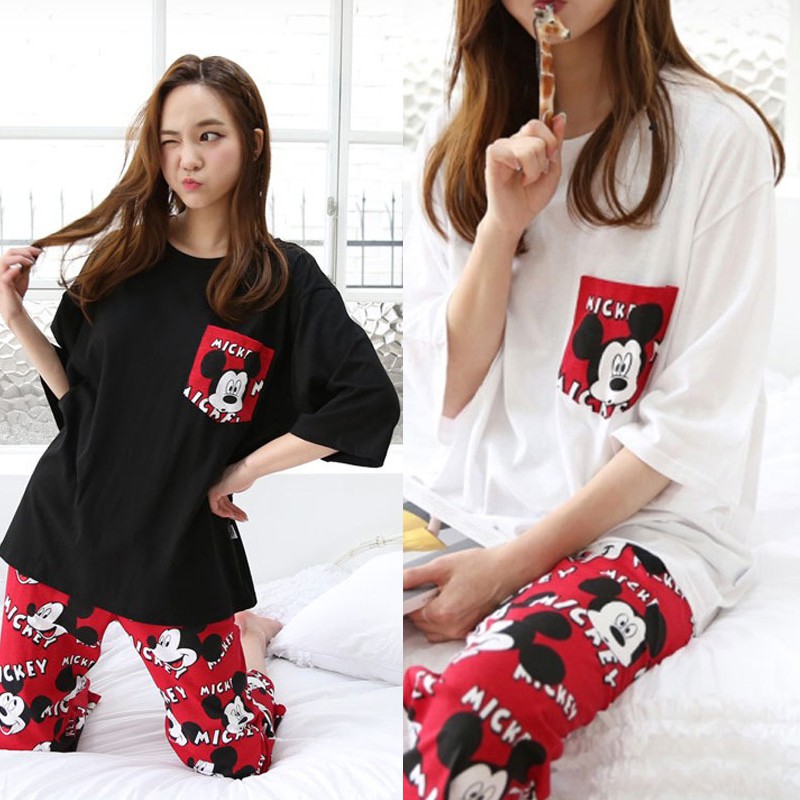 Set Đồ Ngủ 3/4 Món Hình Chuột Mickey Dễ Thương Cho Nữ