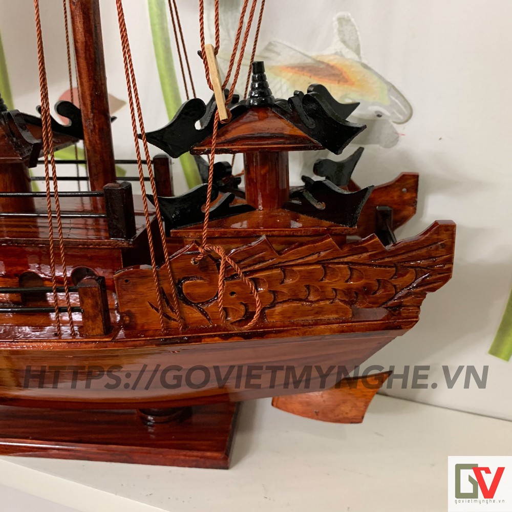 Mô hình thuyền gỗ trang trí thuận buồm xuôi gió - Mô hình Tàu gỗ Hạ Long Rồng cổ - Dài 40cm - Gỗ Tràm Tự Nhiên