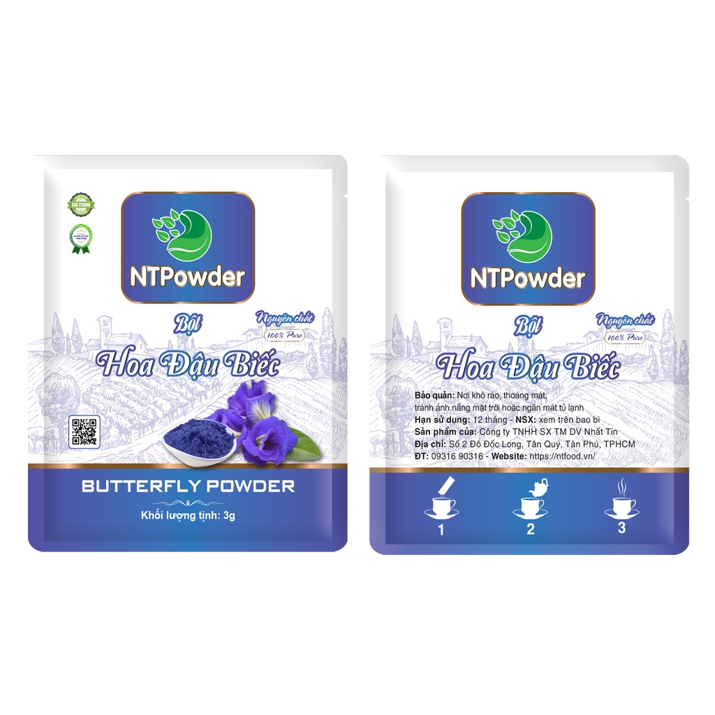 [Hộp 20 gói x 3g] Bột Hoa Đậu Biếc sấy lạnh nguyên chất NTPowder 60g - Nhất Tín Food