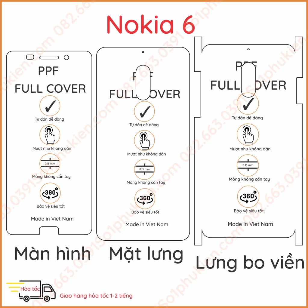 Dán PPF Nokia 6 loại bóng, nhám dành cho màn hình, mặt lưng, full lưng viền siêu bảo vệ