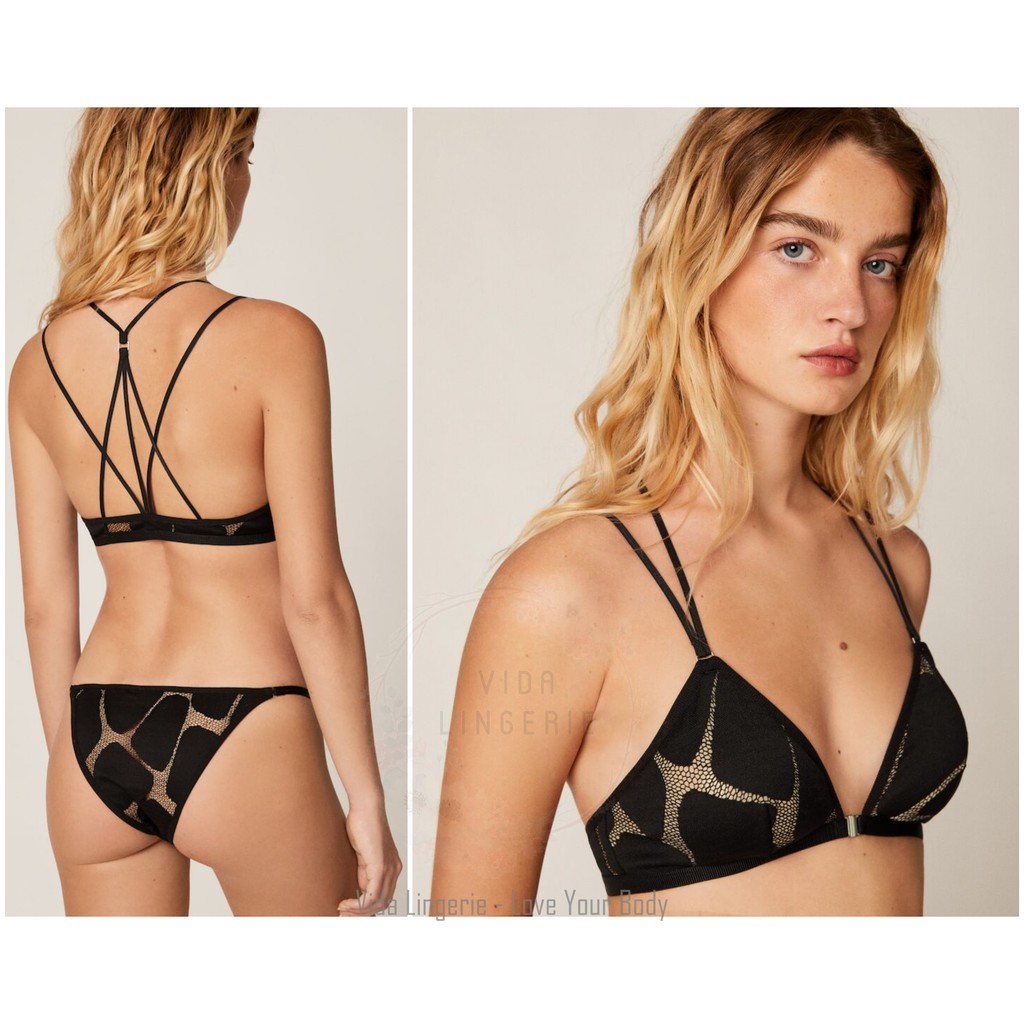 Áo bralette cài trước dây lưng chéo phối lưới xuất âu