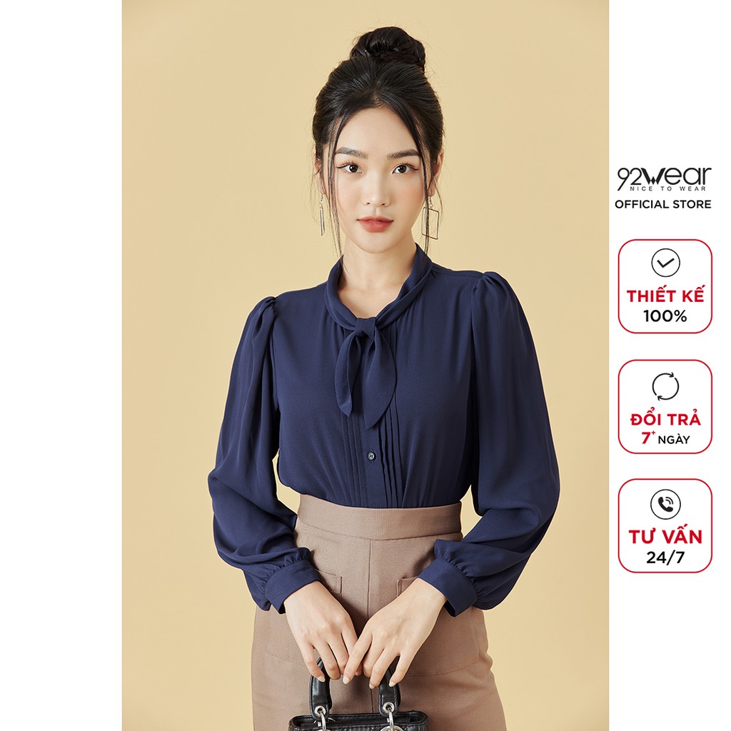 Áo sơ mi nữ công sở dài tay có nơ 92WEAR ASW0528