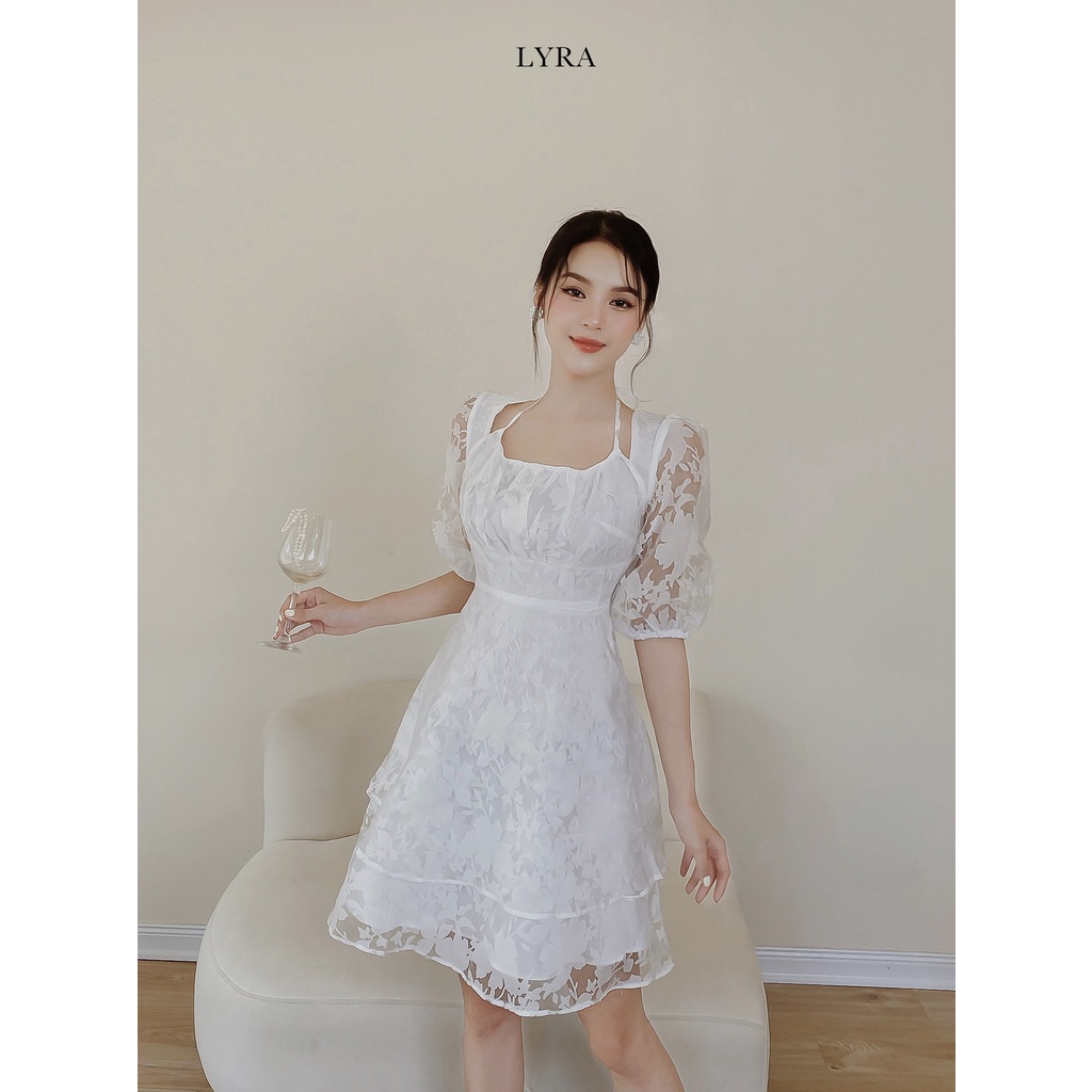 Váy tơ dệt hoa 2 tầng rủ nhẹ tay lỡ cổ yếm LYRA design, đầm thiết kế dáng xòe tiểu thư-LWTVD509