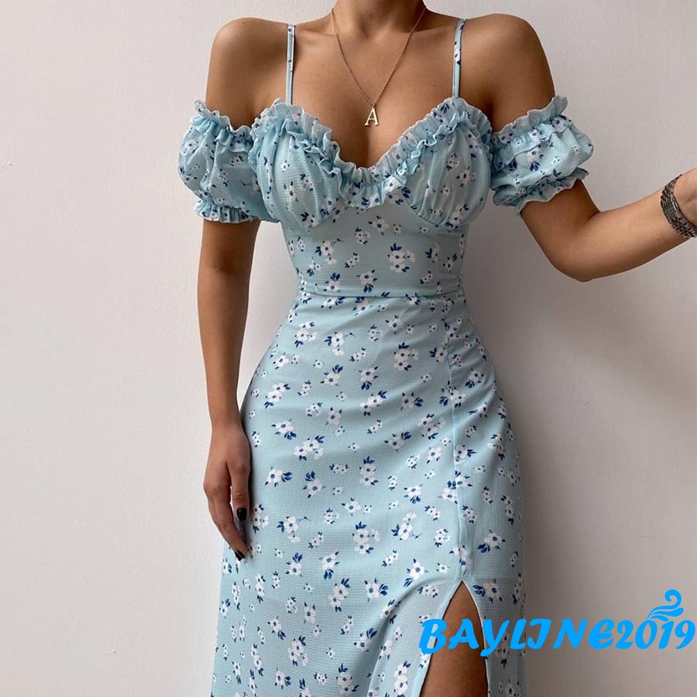 BAY-Women’s Casual Suspender Short Sleeve Dress Fashion Floral V-neck Split Mid-length Dress