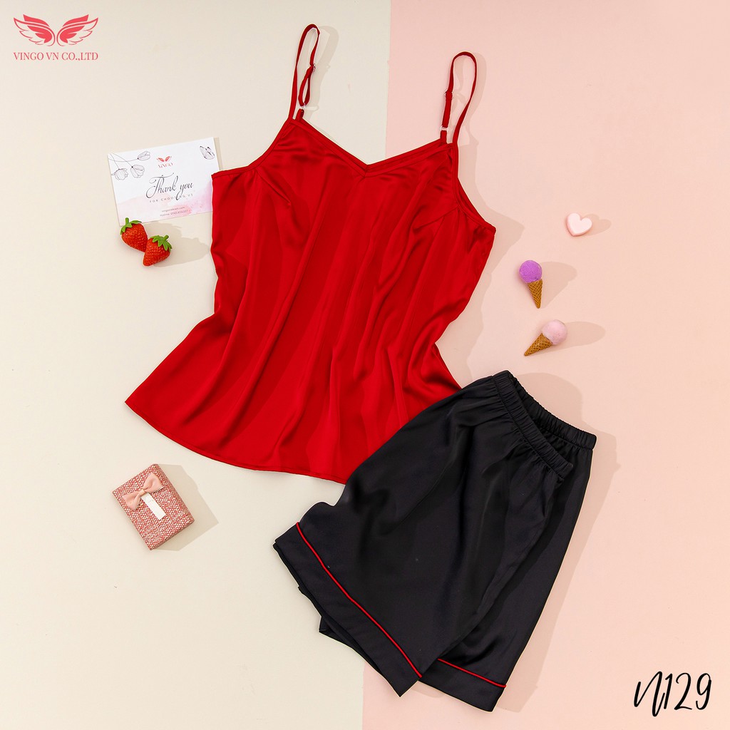 VINGO Bộ Đồ Ngủ Hai Dây Nữ Lụa Pháp Cổ V Họa Tiết Trơn Cao Cấp N129 VNGO