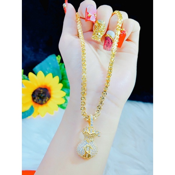 Dây chuyền nữ kiểu đồng tiền mặt túi tiền chạm chữ dát vàng 18 cao cấp mẫu mới về
