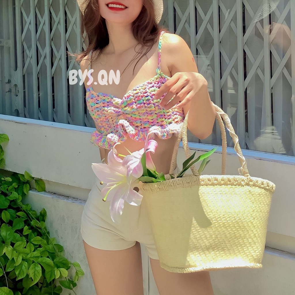 Áo đan len màu loang 2 dây chân bèo cột thắt dây phía sau "sweet top"