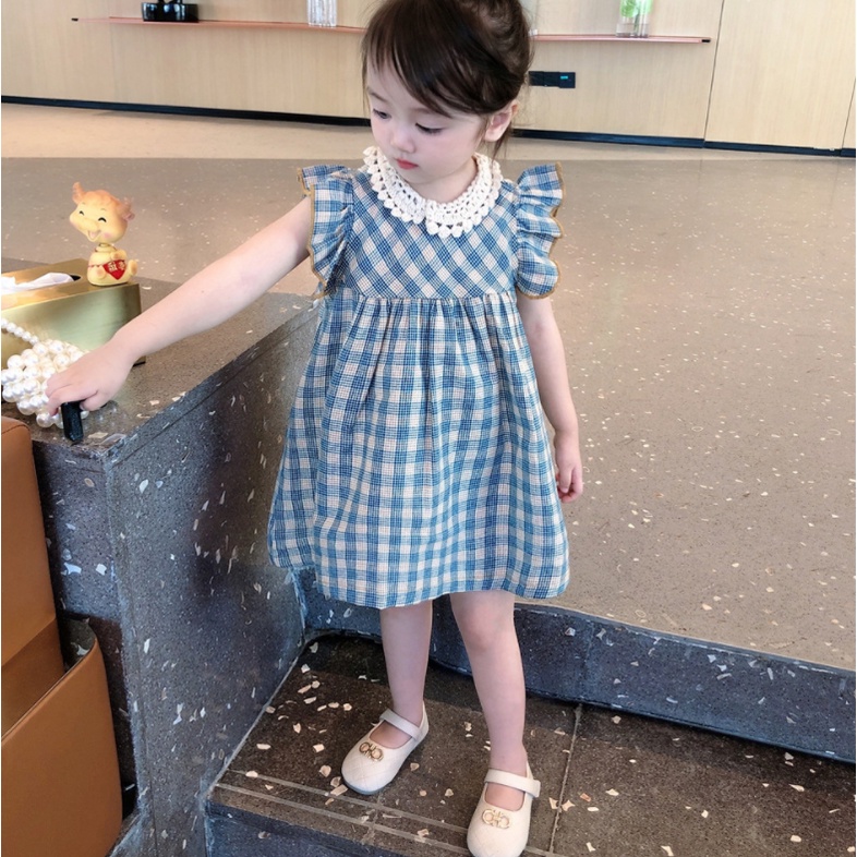 Hàng Có Sẵn Đầm Ngắn Tay Họa Tiết Ca Rô Một Mảnh Thời Trang Mùa Hè Phong Cách Hàn Quốc Cho Bé Gái